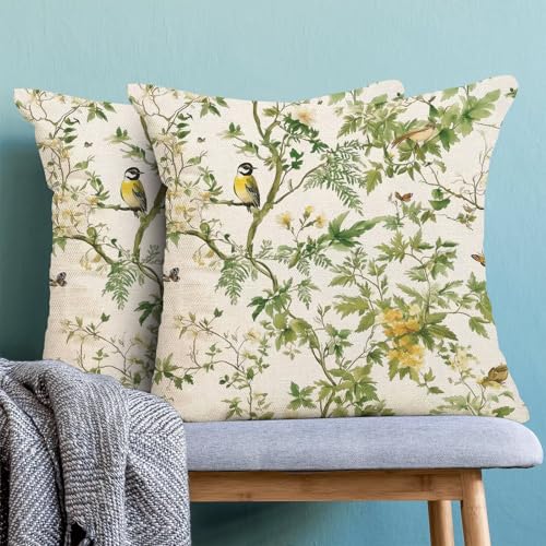 Chinoiserie Pillow Covers 16 x 16 Set of 2, Spring Bird Floral Green Throw Pillow Covers Farmhouse Pillowcase Home Decor for Couch Sofa Outdoor - color: Chinoiserie-a, size: 16" x 16" (Pack of 1)