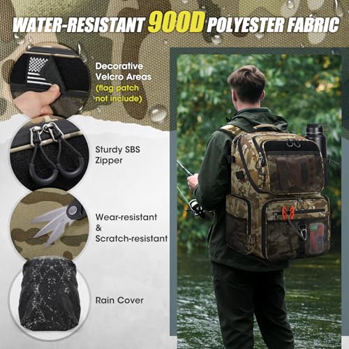 RAINSMORE 45L Fishing Backpack with Rod Holders & Rain Cover Large 900D Water-resistant Fishing Tackle Bag Store Fishing Gear - color: Khaki Camouflage