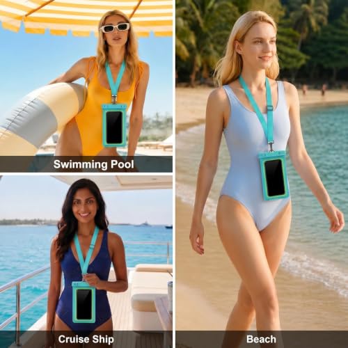 Floatable Waterproof Phone Pouch Case for iPhone 17 16 Pro Max/15/14, IP68 Travel Cellphone Dry Bag Beach Cruise Ship Essentials Bags with Crossbody Lanyard, Teal Green - 7″ - color: Teal Green
