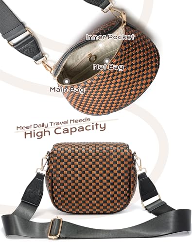 Trendy Woven Checkered Crossbody Bum Bag for Women，PU Leather Checkered Purse Fanny Packs Belt Bag (Woven Bum Bag - Black-Brown) - color: Woven Bum Bag - Black-Brown