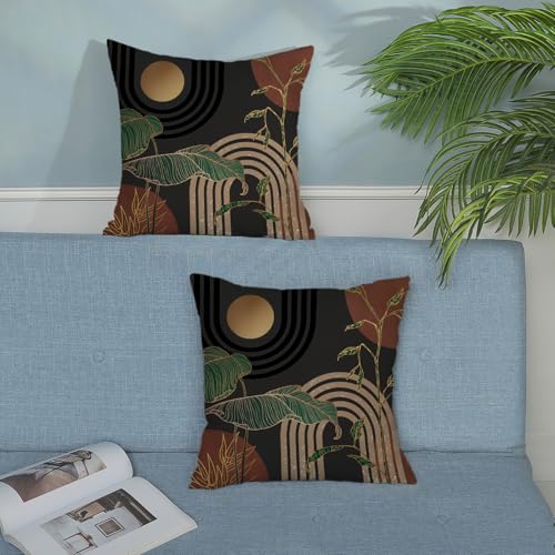 Boho Grey Rust Brown Pillow Covers 18x18 Set of 2 Gold Green Leaf Tropical Mid Century Throw Pillows Outdoor Bohemian Modern Decorative Pillowcase Farmhouse Cushion Case for Couch Sofa Decor - color: Mid Century-brown Background, size: 18" x 18" (Pack of