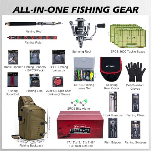 Goture Fishing Kits for Adult,Fishing Pole and Reel Combo, OpenSide Fishing Sling Tackle Storage Bag with 3 Tackle Boxes,Gift for Men - color: Khaki 20L Bag + 3600 Trays +Basic Bait Set(Gift Boxed), size: 7FT/2.1M