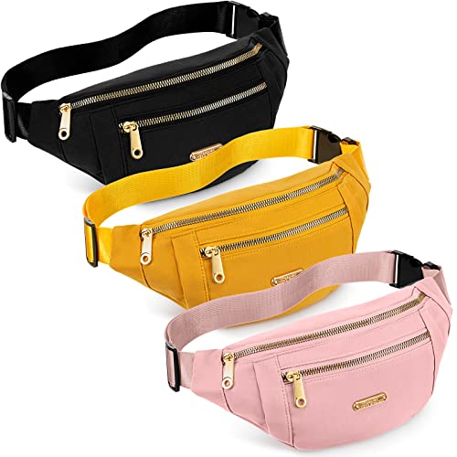 3 Pcs Waterproof Fanny Packs for Women and Men Waist Pack with Adjustable Strap Waist Pouch for Sports Running Exercise Walking Travel - color: Black, Yellow, Pink