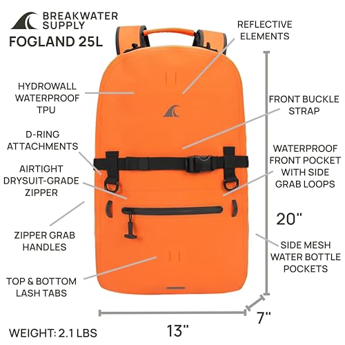 Breakwater Supply™ Fogland Waterproof IP68 Submersible Backpack | Laptop Sleeve & Airtight Zippers for Outdoors, Travel, Boating, Kayaking, Commute, Floating Dry Bag, Unisex, TPU (Safety Orange, 25L) - color: Safety Orange, size: 25L