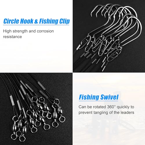 AGOOL Circle Hooks Rigs Saltwater Stainless Steel Leader Wire, 20pcs Heavy Duty Circle Hook with Leader Wire Bass Catfish Fishing Lure Rig for Catfish, Shark, Surf & Bottom Fishing 8/0