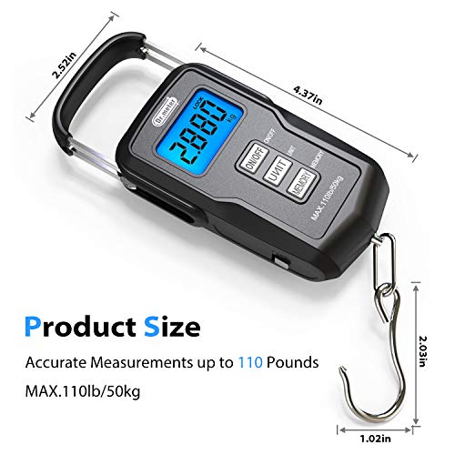 Dr.Meter Fish Scale Backlit LCD Display FS01: 110lb/ 50kg Digital Luggage Scale with Storage Function Numerical Comparison, Built-in Measuring Tape, Batteries Included - Fishing Gifts for Men