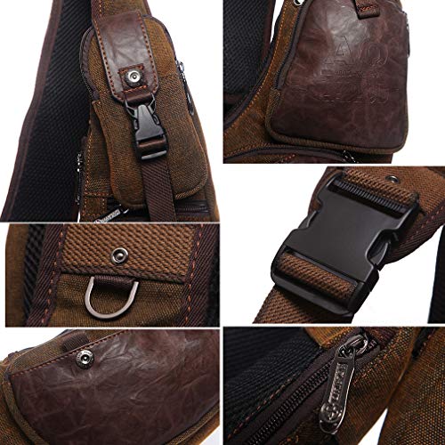 Hebetag Leather Sling Bag Crossbody Backpack for Men Women Travel Outdoor Camping - color: #38coffee(canvas)