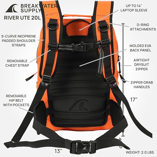 Breakwater Supply™ River Ute Waterproof IP68 Utility Backpack, Floating TPU Submersible Dry Bag with Padded Hip Belt and Airtight Zippers | 20L (River Ute 20L Safety Orange) - color: River Ute 20l Safety Orange