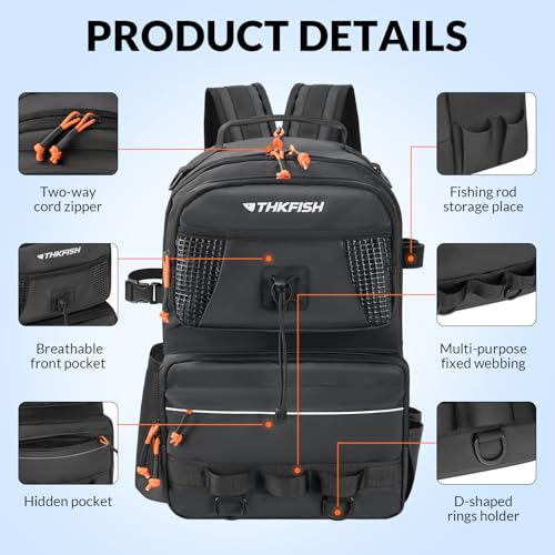 THKFISH Waterproof Fishing Backpack with Rod Holder, 20L Lightweight Fishing Tackle Sling Bag Store Gear and Equipment - color: Black
