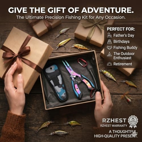 Premium Saltwater & Freshwater Fishing Pliers – Rainbow Titanium-Coated Rust-Resistant Multi-Tool with Tungsten Carbide Line Cutters, Split-Ring Tip, Non-Slip Ergonomic Grip & Coiled Lanyard