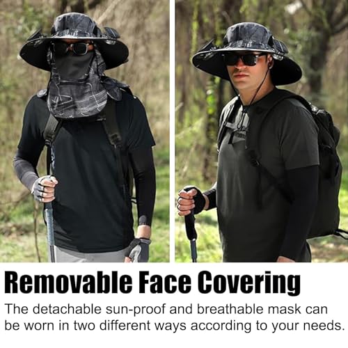 Solar Fan Hat, Wide Brim Solar Fan Outdoor Fishing Hat, 2 Solar Fan Hats for Men, USB Waterproof Outdoor Hiking Camping Fishing Hat with Removable Neck Flap and Face Cover for Fishing Black