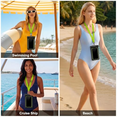 Floatable Waterproof Phone Pouch Case for iPhone 17 16 Pro Max/15/14, IP68 Travel Cellphone Dry Bag Beach Cruise Ship Essentials Bags with Crossbody Lanyard, Black Green - 7″ - color: Black Green