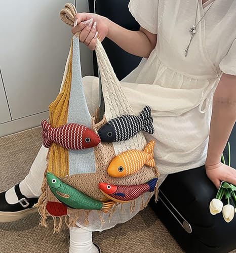 Knitted Beach Shoulder Bag for Women 3D Fish Bohemian Tote Versatile Purse Soft Hobo Handbag for Summer Vacation 2026 - color: A Khaki