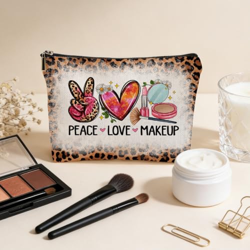 JIUWEIHU Peace Love Makeup Bag, Leopard Print Gifts for Women Cosmetic Bags Travel Organizer Bag Zipper Pouch, Birthday Leopard Gifts for Women Friend Colleague Sister Niece Mom - color: Multicolor 0067