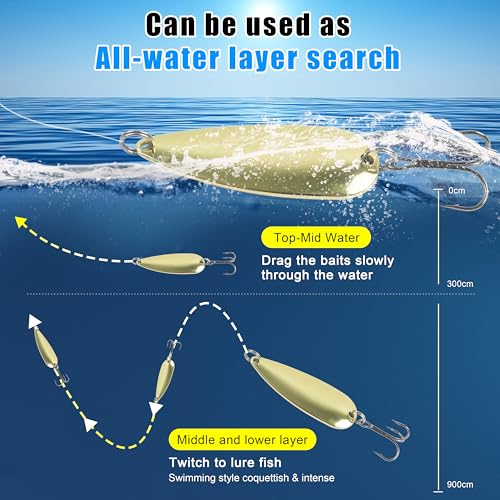 Fishing Spoons Fishing Lures Kit, 5pcs Gold Metal Jigging Casting Lure Trolling Spoon with with Treble Hooks for Trout Salmon Bass Walleye Trout - size: 1oz(28g)