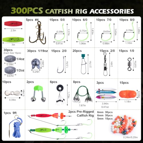 Goture Catfish Rig Making Kit,274pcs/300pcs Catfishing Tackle with Luminous Fishing Hook Swivel Sinker Weights Rattle Float Bobber Stoppers,Catfish Rigs Accessories with 3600 Tackle Box,Gifts for Men - color: B2:300pcs-2pcs Pre-rigged Catfish Rigs&Tackle