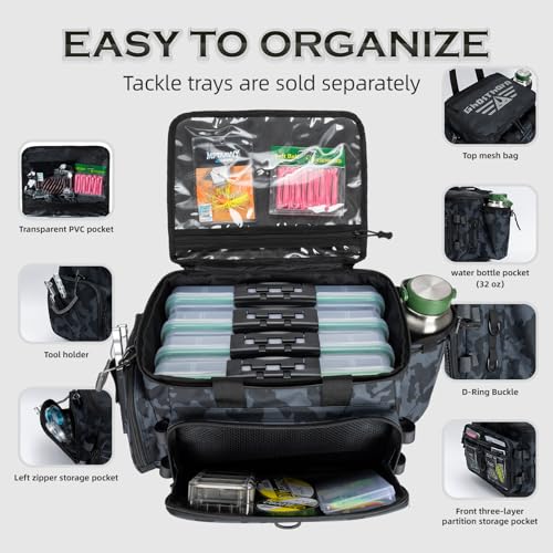 Ghosthorn Fishing Tackle Bag with Rod Holder Saltwater & Freshwater Resistant Large Tackle Box Bag - Waterproof Base, Adjustable Padded Shoulder Strap (Black Camouflage) - color: Black Camo-Waterproof Bottom, size: Large