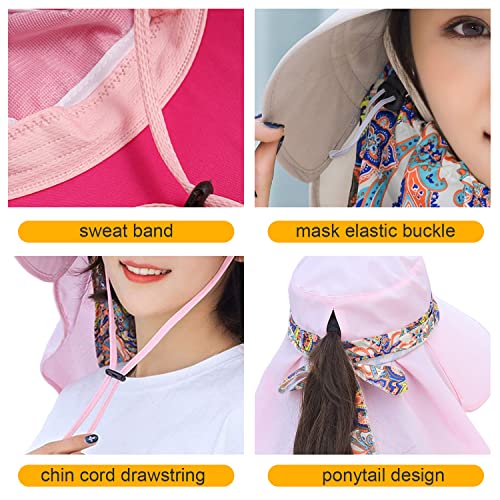Women Wide Brim Face Mask Sun Hat Detachable Neck Face Flap Ponytail UV Protection Visor Hat Garden Fishing Hiking - color: M9099-mise