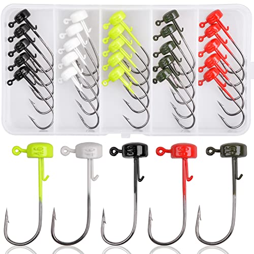 Ned Rig Jig Hooks Kit, 25Pcs Shroom Head Jigs for Soft Plastic Lures Finesse Fishing Jigs with Bait Keeper Crappie Jig Saltwater 1/10oz 1/8oz 1/6oz
