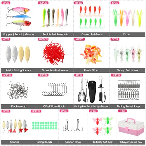 RoundFunny 3 Layers Fishing Tackle Box 414 Pcs Fishing Gift Lures Gear Kit with Tackle Included Pliers Lip Gripper Bait Hook Accessories for Beginner Fisherman Women Men, Fit Bass Trout - color: Pink
