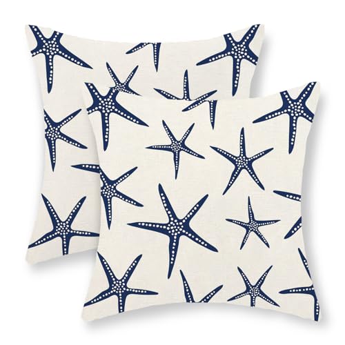 Navy Blue Starfish Pillow Covers 18x18 Inch Set of 2 Coastal Throw Pillows Spring Summer Nautical Ocean Theme Beach Decorative Pillow Cases Linen Outdoor Decor Cushion Case for Home Bedroom - color: Navy Blue Starfish 3, size: 18" x 18" (Pack of 2)