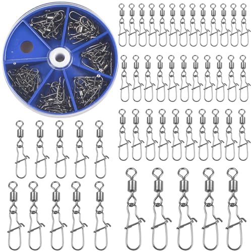 Fishing Snap Swivels Rolling Barrel Swivels with Safety Snaps High Strength Copper and Stainless Steel, Black Nickel Coated Quick Connect Swivel Snap Fishing Tackle - color: 55pcs(2,4,5,6,8,10#)