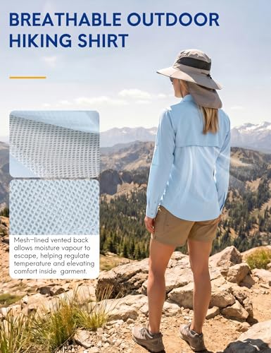 Haimont Women's UPF 50+ Long Sleeve Hiking Button Down Shirt | Quick-Dry, Mesh Back Vents, Roll-Up Tabs, Rod Holder, Lens Cloth, Camping & Travel - color: Light Blue, size: X-Small