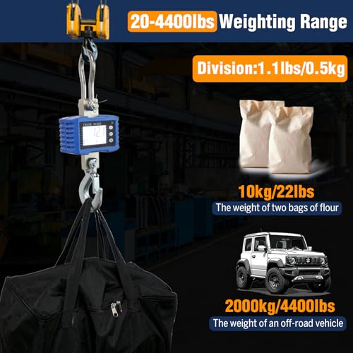 Digital Crane Scale,4410lb/2T Heavy Duty Digital Hanging Scale,Crane Scale Industrial with Remote Control and LCD Screen,High Precision Electronic Weighing Crane Scale for Market,Factory,Construction - size: 2T