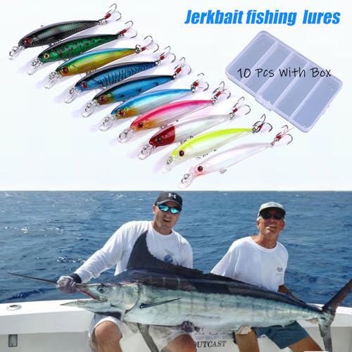 Jerkbait Fishing Lures, Top Water Bass Fishing Lures - 10pcs with Box