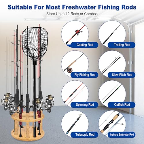 Fishing Rod Holders for Garage 360 Degree Rotating Fishing Pole Rack, Floor Stand Holds up to 12 Rods Bamboo Wood Fishing Gear Equipment Storage Organizer, Fishing Gifts for Men