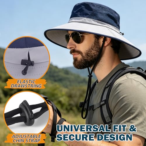 Wide Brim Sun Bucket Hat, Waterproof Boonie Hat for Men & Women | UPF 50+ UV Protection, Adjustable Fit, Chin Strap & Sweatband, Foldable Durable for Fishing Hiking Garden Beach - color: 02 Light Grey+navy Blue