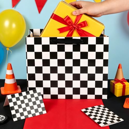 Hooqict Large Checkered Gift Bag Black and White Race Car Gift Wrap Bag with Handles, Tissue Paper, Greeting Cards for Kids Boys Snack Goodie Treat Candy Party Favors - color: Checkered
