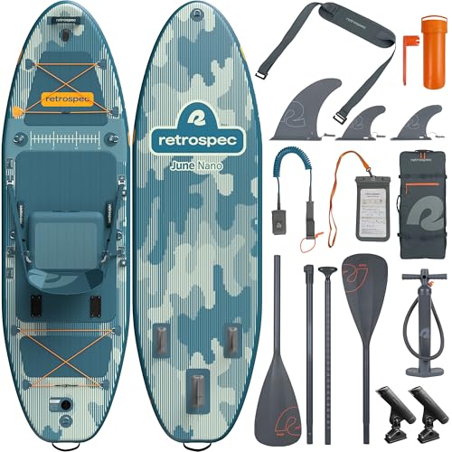 Retrospec June Nano Kids Inflatable Fishing Paddle Board SUP Kayak: 9'6" Hybrid Paddleboard with Rod Holders, Removable Seat - Lightweight Portable Youth Fishing Board - color: River Rock