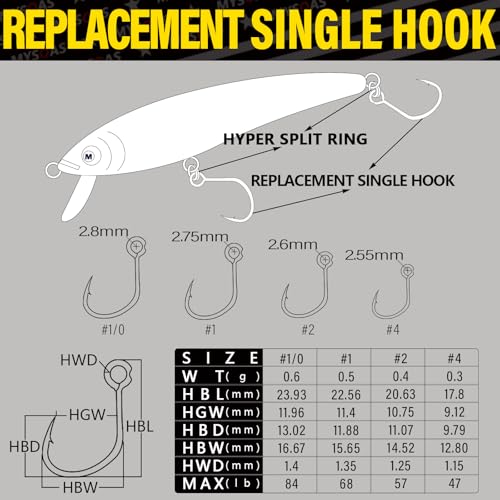Inline Replacement Single Hooks for Hard Baits, Black Titanium Coated, Ultra Sharp & High-Strength, Includes Matching Split Rings — 4 Variants (#4-30 Pcs, #2-30 Pcs, #1-28 Pcs, #1/0-26 pcs) - color: #2-Inline-Single-Hooks, size: #2