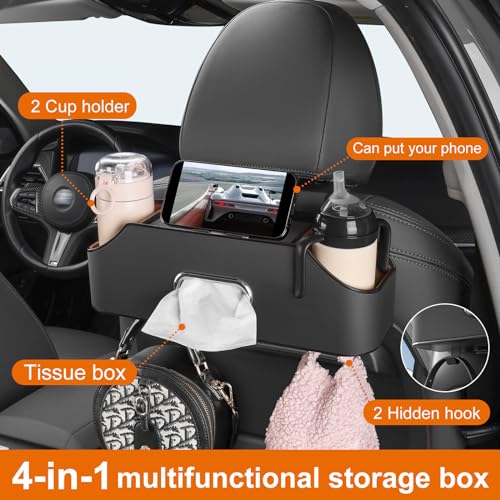 Car Rear Backseat Extra Multifunctional Drink Cup Holder Organizers With Tissue Storage Box Organizer & Hooks For Car Seat Back. Black - color: Black