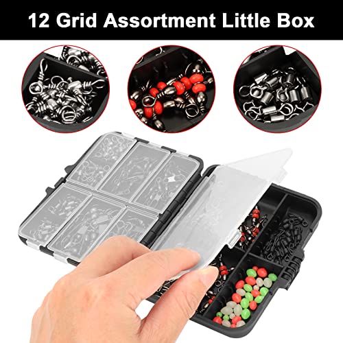 Realure 160 Pcs/box Fishing Swivel Snaps Kit Sea Fishing Barrel Swivel Snaps Ball Bearing Swivels Fishing Tackle with Multiple Fishing Swivels and Clips Luminous Fishing Beads for Saltwater Freshwater