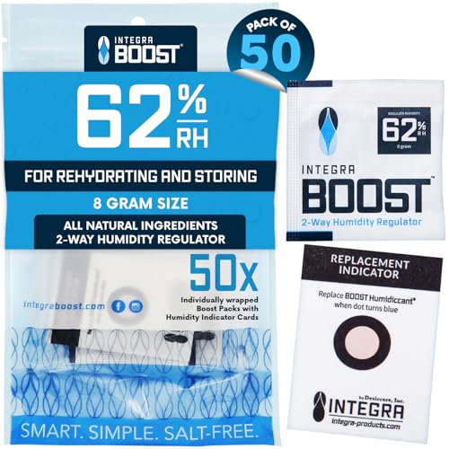 Integra Boost 62% RH, 2 Way Humidity Control Packs – 8g Size for Storing 1 oz – Pack of 50 Moisture Absorbers for Small Jars & Containers – Humidifier Packets for Herbs & Spices & Food Storage - size: Pack of 50