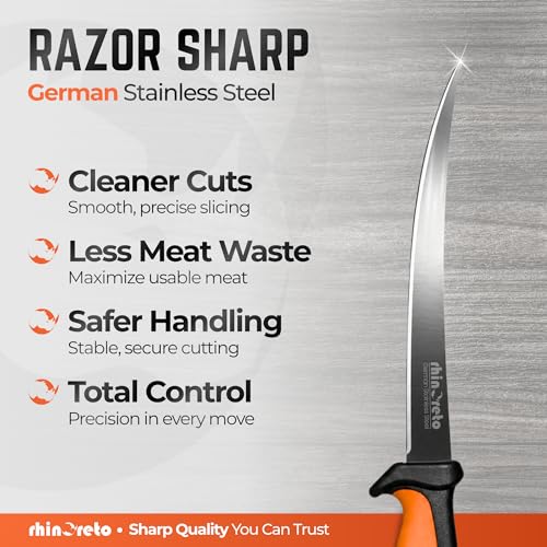 Rhinoreto Fillet Knife for Fish - Razor Sharp G4116 German Stainless Steel Blade, 6.5 Inch Professional Filleting & Boning Knife with Non-Slip Handle, Protective Sheath & Sharpener - color: Orange, size: 6.5"