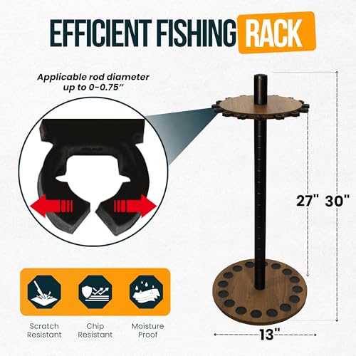 Rush Creek Creations 16 Rod Fishing Pole Holder - Round Floor Mount Rack with Clips for Garage Organization, Dark Walnut Wood - color: Dark Walnut