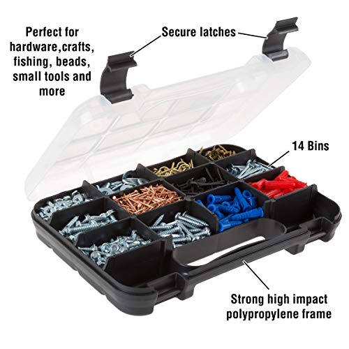 Hardware Organizer Box with Dividers - 14 Compartment Small Parts Organizer Portable Tool Box Organizer with Secure Latches - Plastic Screw Organizer Box for Nuts, Beads, Jewelry or Tackle by Stalwart - size: 14 Bin
