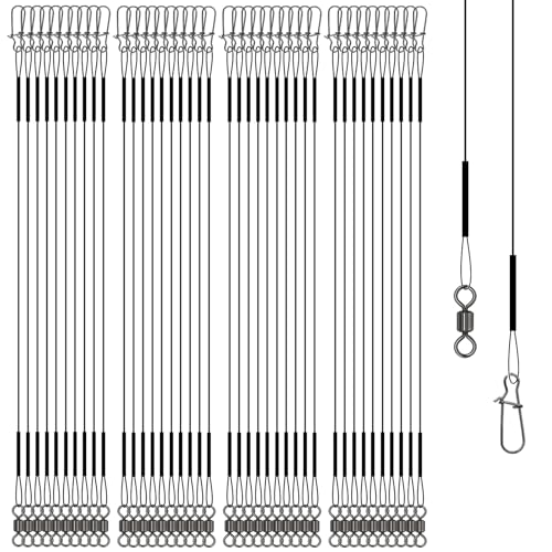 Stainless Steel Fishing Wire Leaders, Black Coated & Uncoated Options, Heavy Strength 31–100LB, 6–21in Multi Sizes with Rolling Swivels Snaps for Salt Fresh Water Shark Pike Barracuda - color: 40pcs-11.81in(70LB)