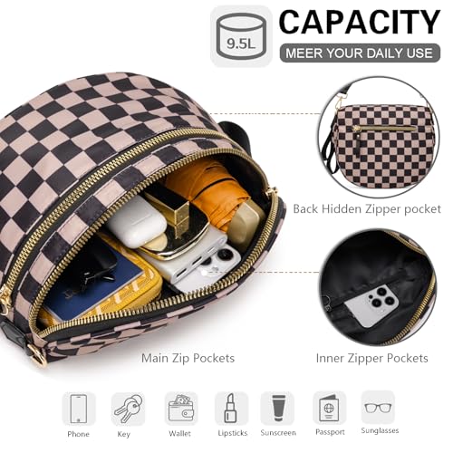 Pure Colour Crossbody Bum Bags for Women Spacious Checkered Cross body Bag Nylon Trendy Fanny Pack for Travel - color: Khaki Black Checkered