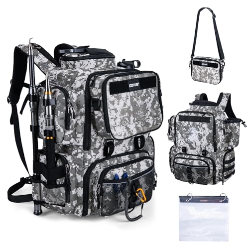 Goture Fishing Backpack, 900D Water-Resistant Tackle Backpack with Rod Holders, 58L Large Storage Gear Fishing Tackle Bag with Detachable Crossbody Bag,8 Lure Pockets,Bottle Holder for Camping Hiking - color: Digital Camo