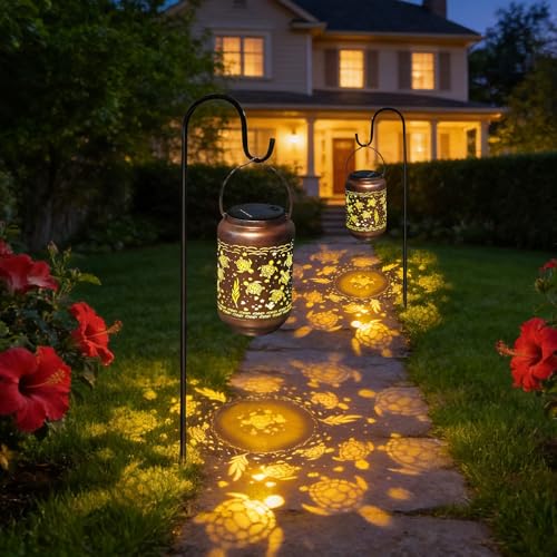 HONGLAND Sea Turtle Solar Lanterns Outdoor Waterproof Hanging Garden Decor, Gifts for Mom Grandma Women, Solar Lights Metal LED with Shepherd Hook for Patio Yard Porch Lawn - color: Sea Turtle