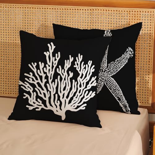 Coastal Pillow Covers 18x18 Set of 2 Black Starfish Throw Pillows Nautical Ocean Decorations Summer Beach Coral Pillowcase Outdoor Decor Linen Farmhouse Square Cushion Case for Sofa Bedroom - color: Black Starfish Coral, size: 18" x 18" (Pack of 2)