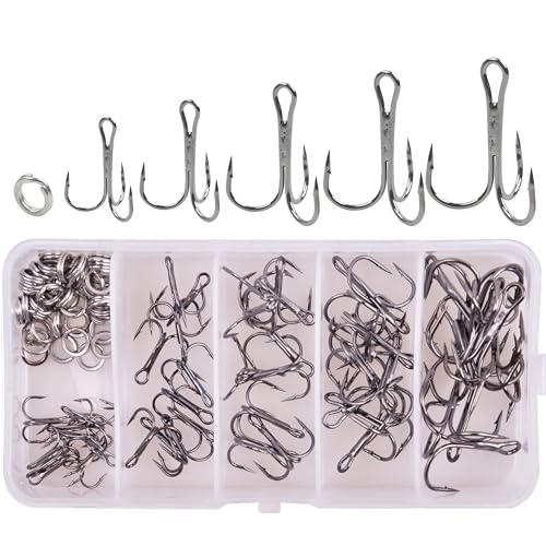 100pcs Fishing Treble Hook Kit, Round Bend Treble Hooks with Split Rings for Making Fishing Lure Spinner Spoon Crankbait - color: Black-100pcs