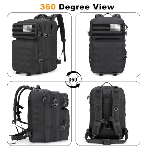 Tactical Backpack 45L Army Military Rucksack, Water Resistant MOLLE EDC Pack, Large 3 Day Bug Out Bag for Men & Women, Durable Outdoor Gear for Hiking, Camping, Hunting, Fishing,Travel (Black) - color: Black