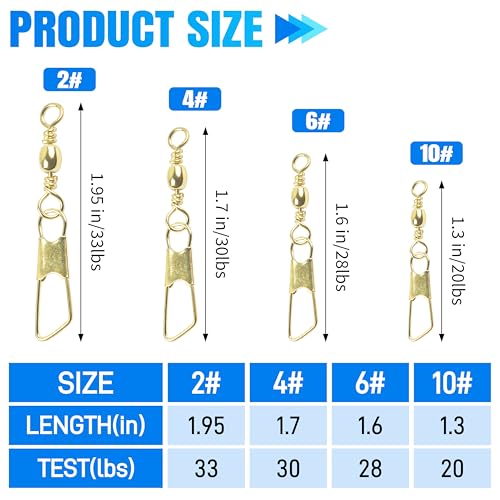 AGOOL Fishing Swivels Snaps, 60/120pcs Barrel Swivels with Nice Snaps Gold High Strength Solid Rings Line Lures Connector Fishing Tackle Accessories - size: #6_60pcs