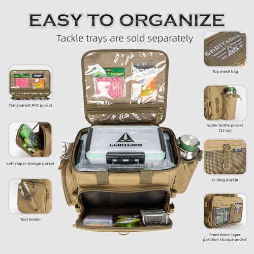 Ghosthorn Fishing Tackle Bag with Rod Holder Saltwater & Freshwater Resistant Large Tackle Box Bag - Waterproof Base, Adjustable Padded Shoulder Strap (Khaki) - color: Khak-Waterproof Bottom, size: Large