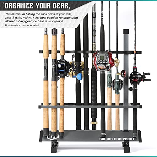 Savior Equipment Fishing Rod Rack Holder Organizer, 24-48 Slots to Hold Fresh Salt Water Spinning Rods & Reel Combo, Lightweight Aluminum Vertical Fish Pole Garage Storage Ground Display Stand - color: Gunmetal Gray, size: 24-Slots